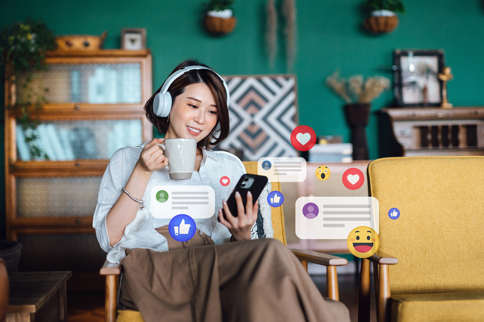 Beautiful young Asian woman with headphones relaxing at home and using smartphone, checking social media on mobile phone, receives notification, likes, views and comments. Youth lifestyle, social media and digital online. People network and technology